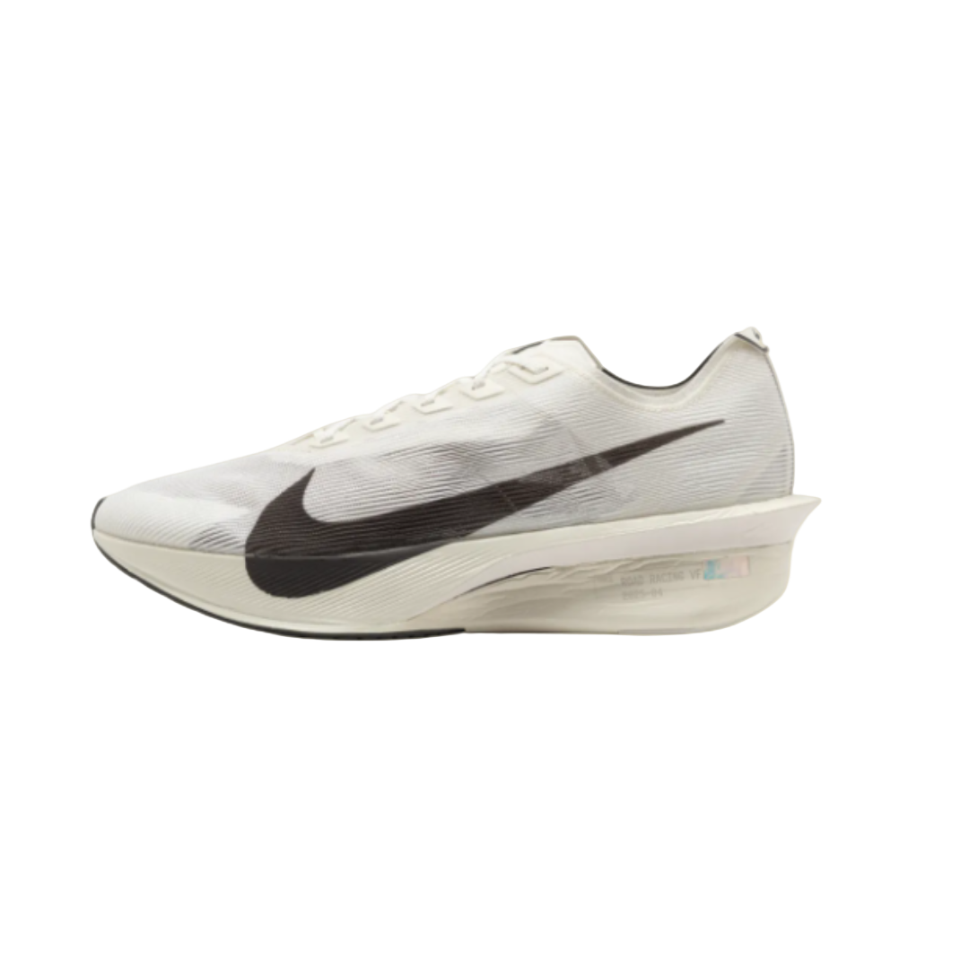 White running shoe with black swoosh logo on a beige background