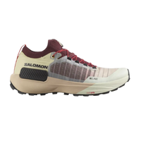 A pair of Salomon S/LAB GENESIS trail running shoes in beige, red, and black color scheme.