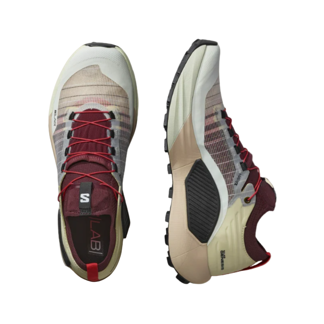 Pair of running shoes with a beige and maroon design on a beige background