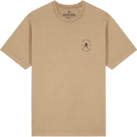 Beige t-shirt with a small logo on the chest against a white background