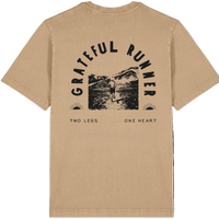 Beige t-shirt with 'Grateful Runner' graphic on the back