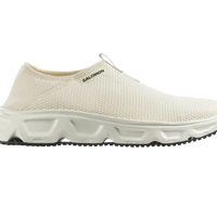 A pair of white Salomon REELAX MOC 6.0 recovery shoes with a mesh upper and a collapsible heel design.