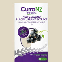 A package of CurraNZ New Zealand Blackcurrant Extract, displaying the brand logo, a single blackcurrant, and a leafy design element, indicating the natural source of the product.