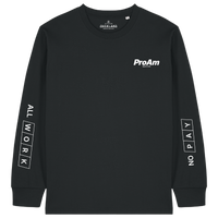 Black long-sleeve shirt with 'ProAm' branding and text on a white background