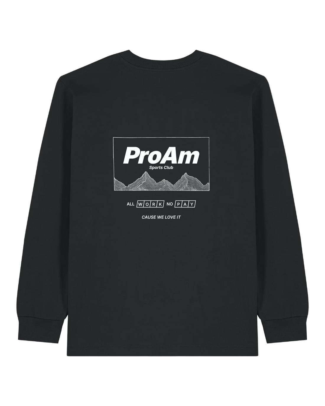 Black sweatshirt with 'ProAm' logo and text on a white background