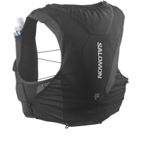 A black Salomon hydration vest designed for trail running, with visible pockets and a brand logo.