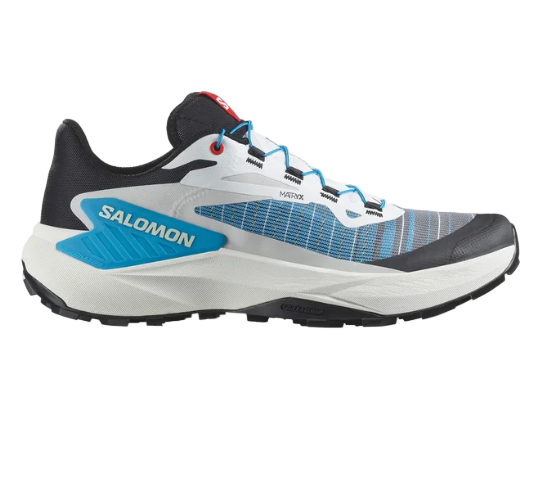 A Salomon GENESIS mountain running shoe with a blue, black, white, and gray color scheme, featuring a dynamic support chassis and grip.