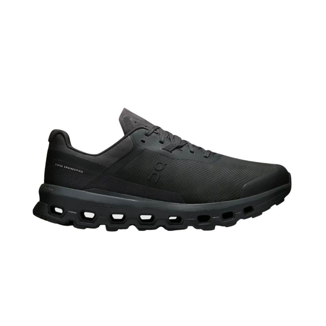 A black ON Running Cloudvista 2 sneaker with a distinctive sole design, featuring circular elements for cushioning.