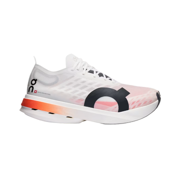 A white running shoe with orange and black accents, featuring a mesh upper and a responsive foam midsole.
