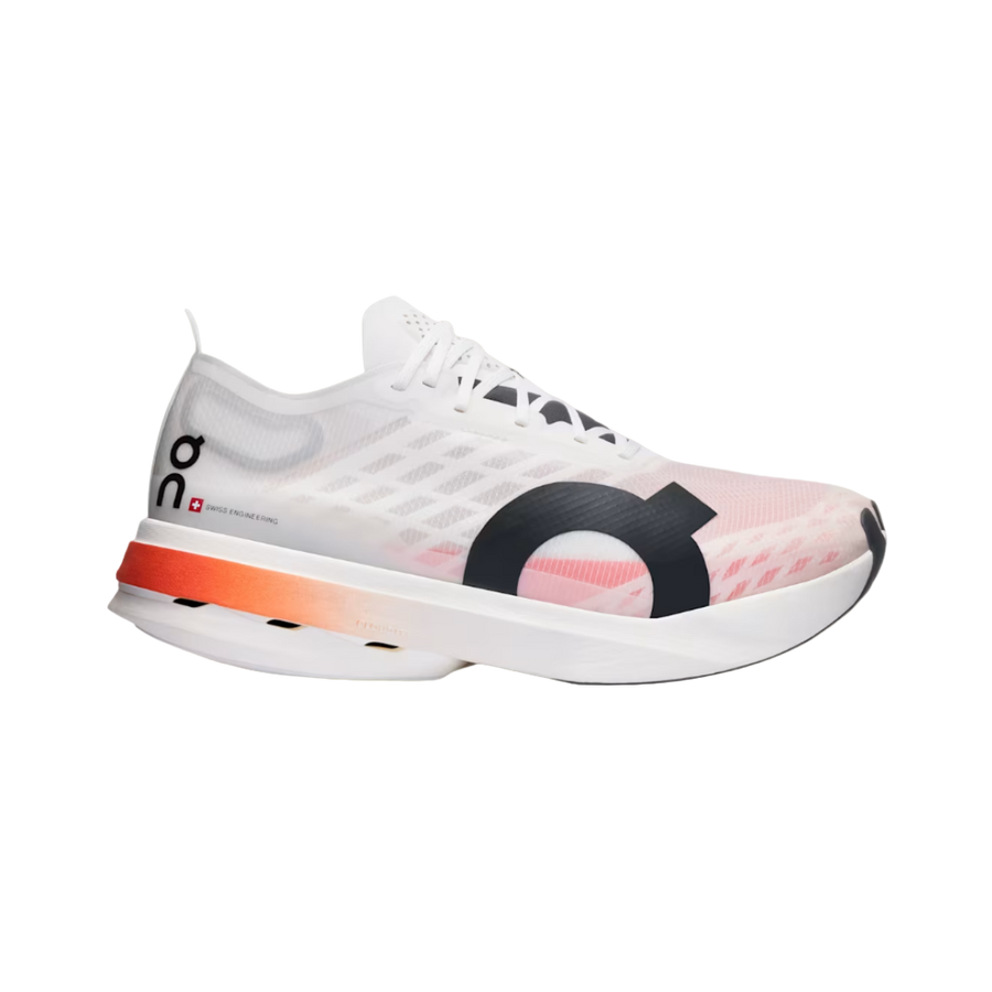 A white running shoe with orange and black accents, featuring a mesh upper and a responsive foam midsole.