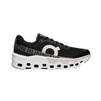 A black and white ON Running Cloudmonster 2 sneaker with a mesh upper and a unique sole design for running.