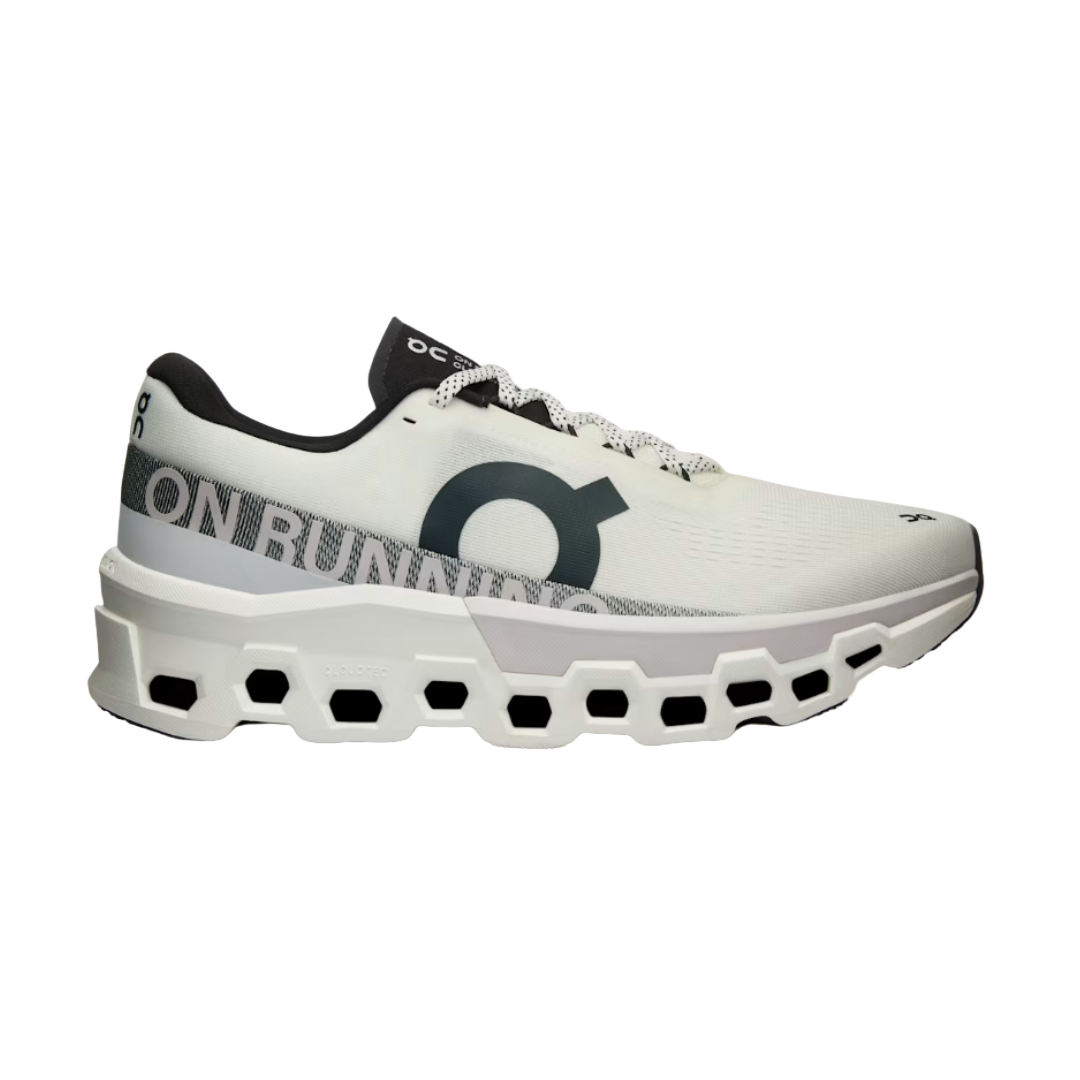 A white running shoe with gray and green accents, featuring a mesh upper and a unique sole design for cushioning and support.