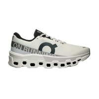 A white running shoe with gray and green accents, featuring a mesh upper and a unique sole design for cushioning and support.
