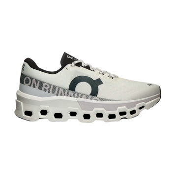 A white running shoe with gray and green accents, featuring a mesh upper and a unique sole design for cushioning and support.