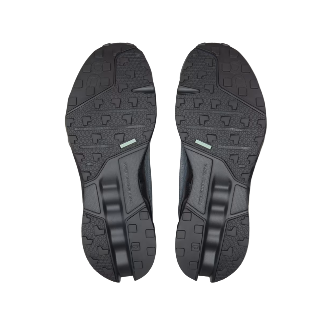 Black shoe soles on a beige background