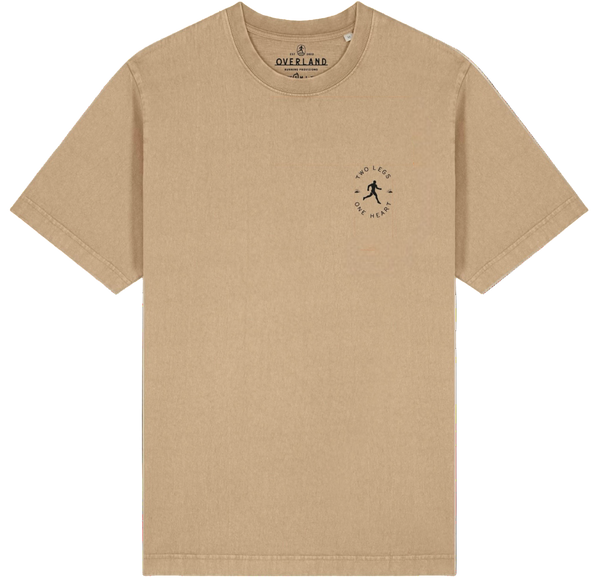 Beige t-shirt with a small logo on the chest against a white background
