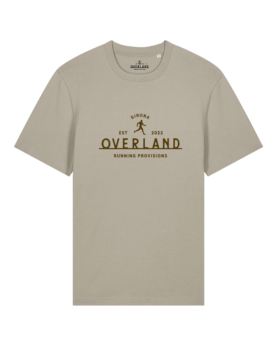 Beige t-shirt with 'Overland' logo