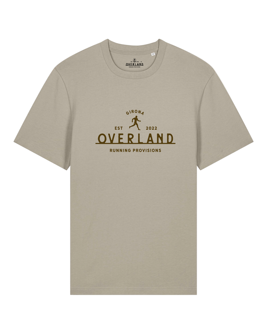 Beige t-shirt with 'Overland' logo