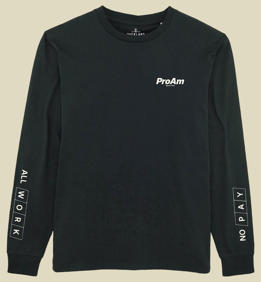 Black long-sleeve shirt with 'ProAm' branding and text on sleeves against a white background