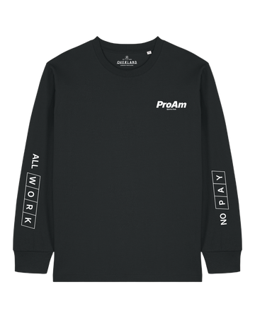 Black long-sleeve shirt with 'ProAm' branding and text on a white background
