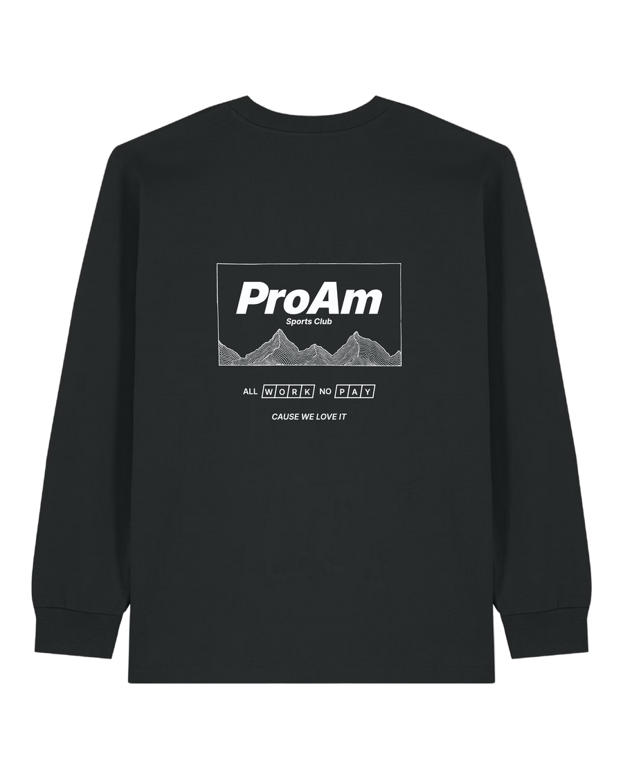 Black sweatshirt with 'ProAm' logo and text on a white background