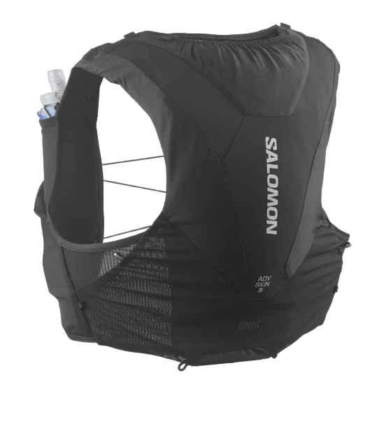 A black Salomon hydration vest designed for trail running, with visible pockets and a brand logo.