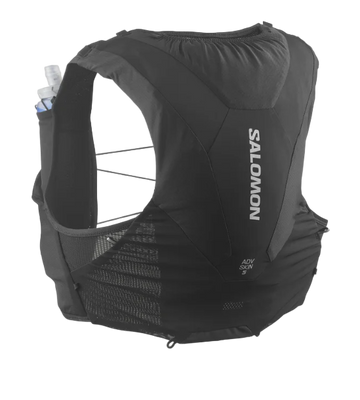 A black Salomon hydration vest designed for trail running, with visible pockets and a brand logo.