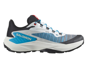 A Salomon GENESIS mountain running shoe with a blue, black, white, and gray color scheme, featuring a dynamic support chassis and grip.