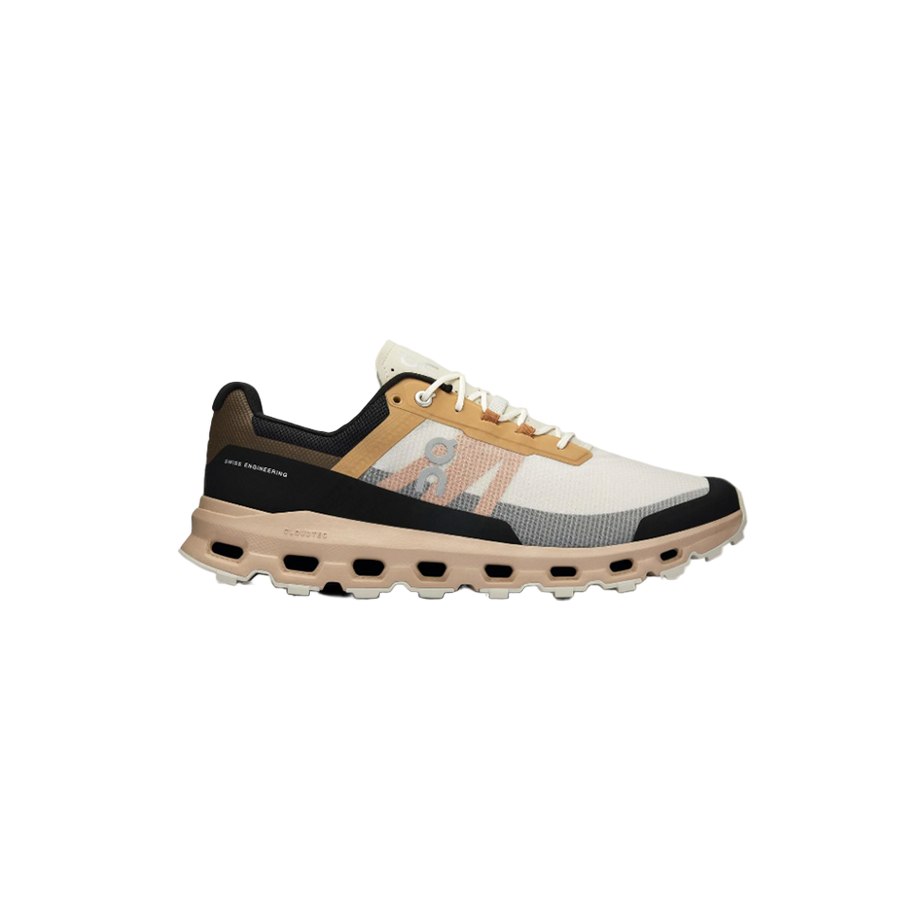 A pair of ON RUNNING Cloudvista trail running shoes with beige, black, and white color scheme, featuring lightweight construction and cushioned soles.